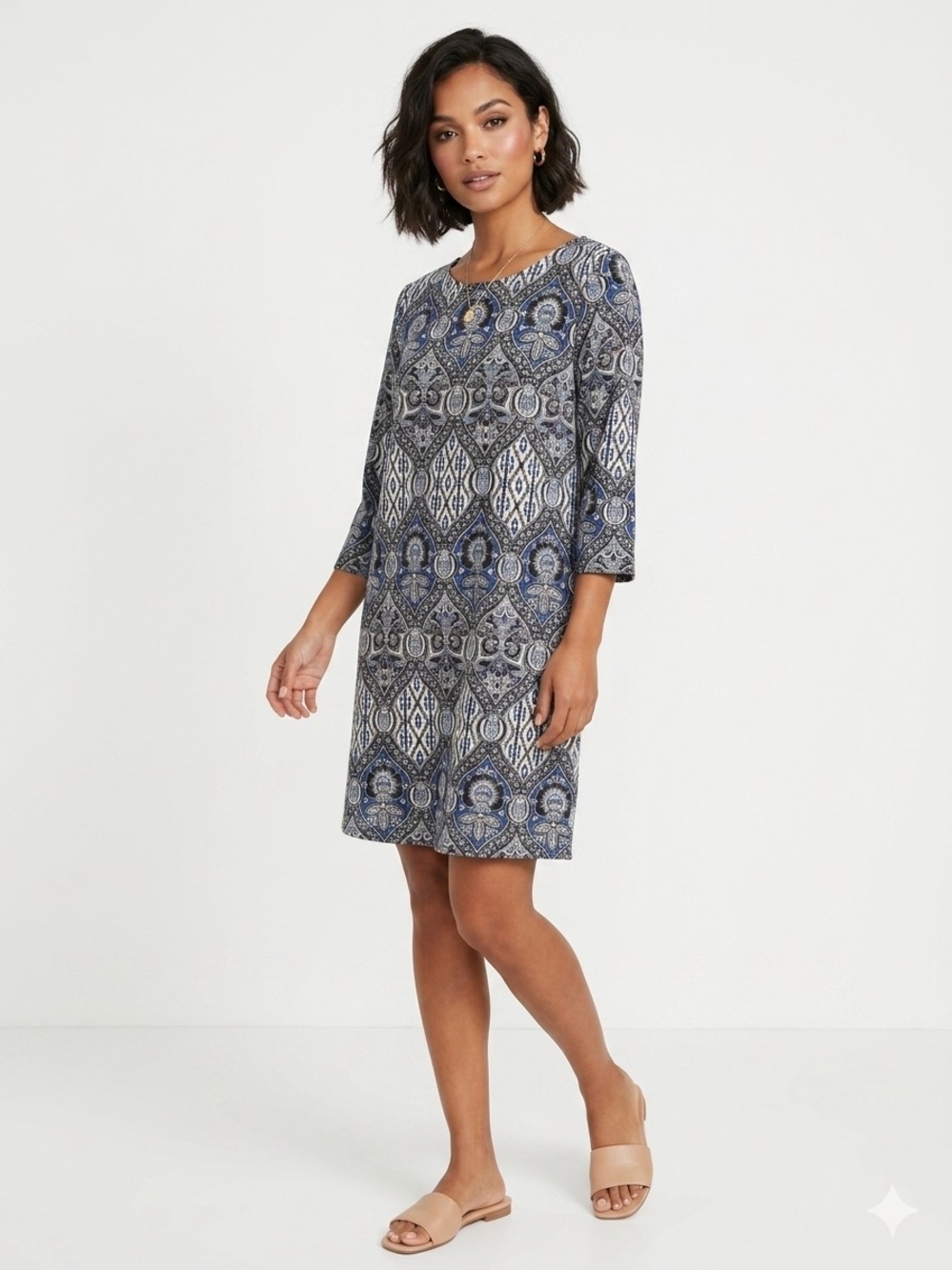 Glam American Made Blue Paisley Shift Dress Boho 3/4 Sleeve Small
